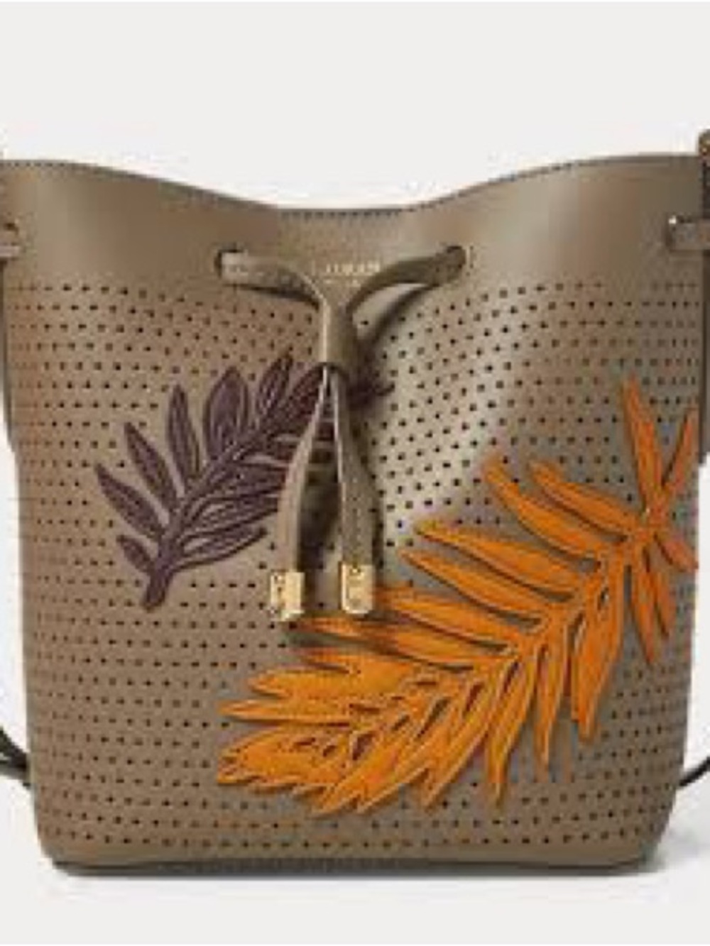 Ralph Lauren Taupe Perforated Leather Shoulder Bag with Orange & Purple Appliqué